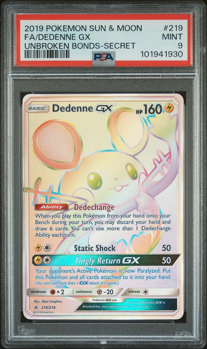 2019 Pokemon Sun & Moon Unbroken Bonds 219 Full Art/dedenne Gx Secret PSA