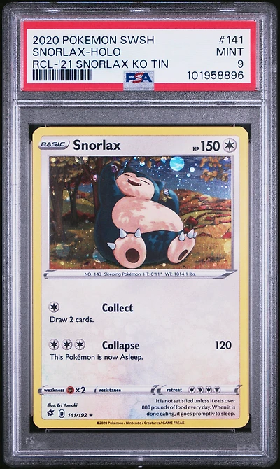 2020 Pokemon Sword & Shield Rebel Clash 141 Snorlax-holo 2021 Snorlax Knockout Tin PSA 9