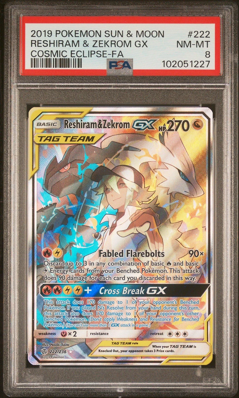 2019 Pokemon Sun & Moon Cosmic Eclipse 222 Full Art/reshiram & Zekrom Gx PSA