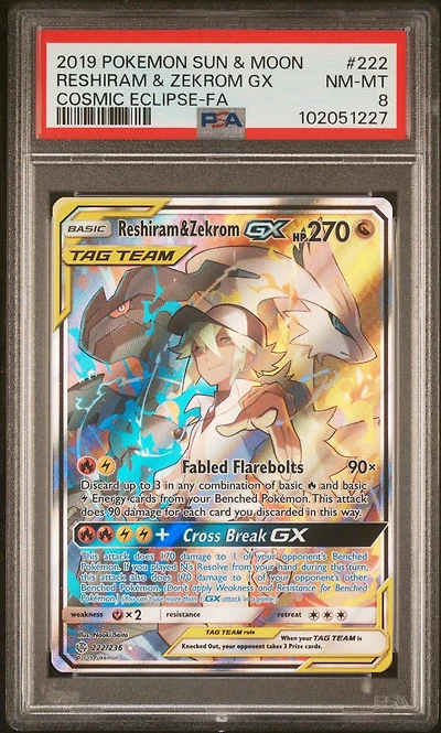 2019 Pokemon Sun & Moon Cosmic Eclipse 222 Full Art/reshiram & Zekrom Gx PSA