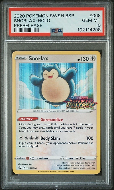 2020 Pokemon Swsh Black Star Promo 068 Snorlax-holo Prerelease PSA