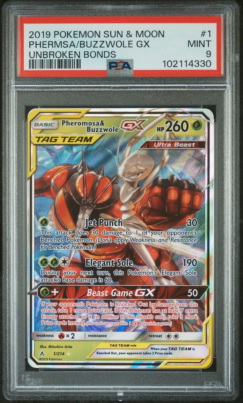 2019 Pokemon Sun & Moon Unbroken Bonds 1 Pheromosa & Buzzwole Gx PSA