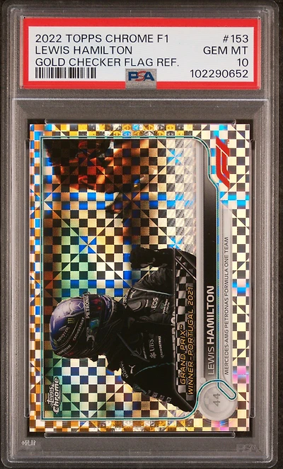 2022 Topps Chrome Formula 1 153 Lewis Hamilton Gold Checker Flag Refractor PSA 10