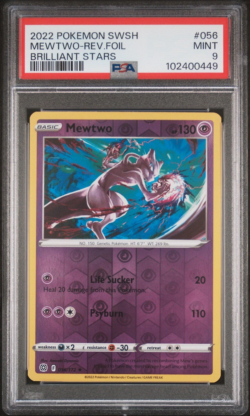 2022 Pokemon Sword & Shield Brilliant Stars 056 Mewtwo-reverse Foil PSA