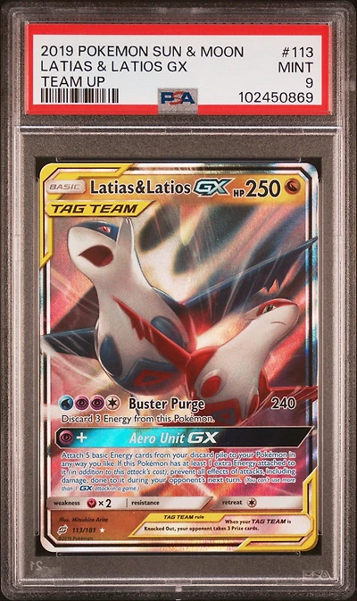 2019 Pokemon Sun & Moon Team Up 113 Latias & Latios Gx PSA
