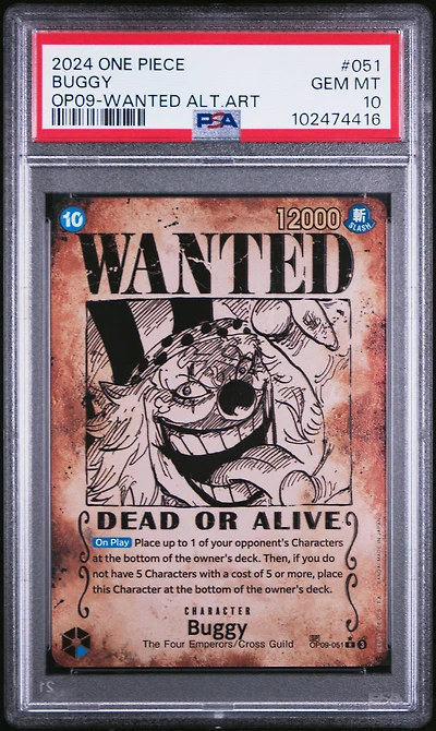 2024 One Piece Op09-emperors In The New World 051 Buggy Wanted Alternate Art PSA 10