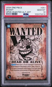 2024 One Piece Op09-emperors In The New World 051 Buggy Wanted Alternate Art PSA 10