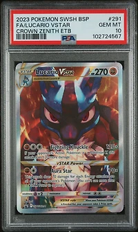 2023 Pokemon Swsh Black Star Promo 291 Full Art/lucario Vstar Crown Zenith Elite Trainer Box PSA