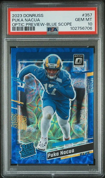 2023 Panini Donruss 357 Puka Nacua Optic Preview-blue Scope PSA 10