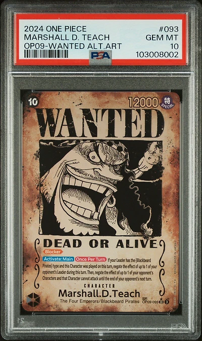 2024 One Piece Op09-emperors In The New World 093 Marshall D. Teach Wanted Alternate Art PSA 10