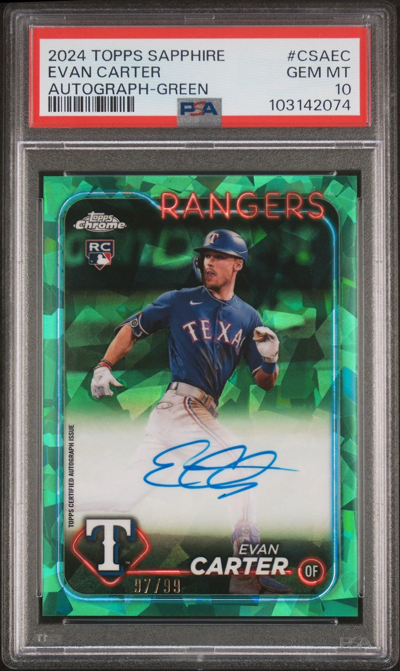 2024 Topps Chrome Sapphire Chrome Sapphire Autographs Csaec Evan Carter Green PSA 10