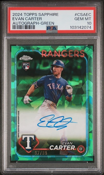 2024 Topps Chrome Sapphire Chrome Sapphire Autographs Csaec Evan Carter Green PSA 10