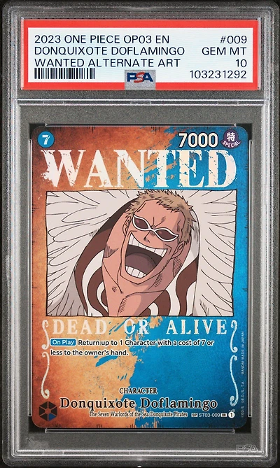 2023 One Piece Op03-pillars Of Strength 009 Donquixote Doflamingo Wanted Alternate Art PSA