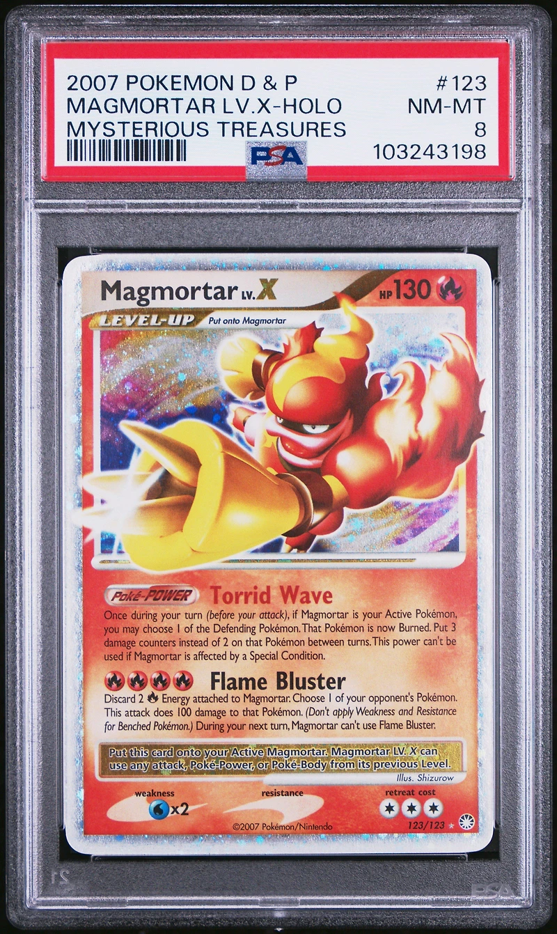 2007 Pokemon Diamond & Pearl Mysterious Treasures 123 Magmortar Lv.x-holo PSA 8
