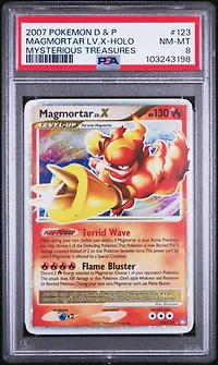 2007 Pokemon Diamond & Pearl Mysterious Treasures 123 Magmortar Lv.x-holo PSA 8
