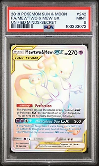 2019 Pokemon Sun & Moon Unified Minds 242 Full Art/mewtwo & Mew Gx Secret PSA 9