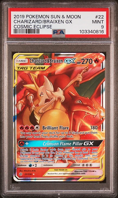2019 Pokemon Sun & Moon Cosmic Eclipse 22 Charizard & Braixen Gx PSA