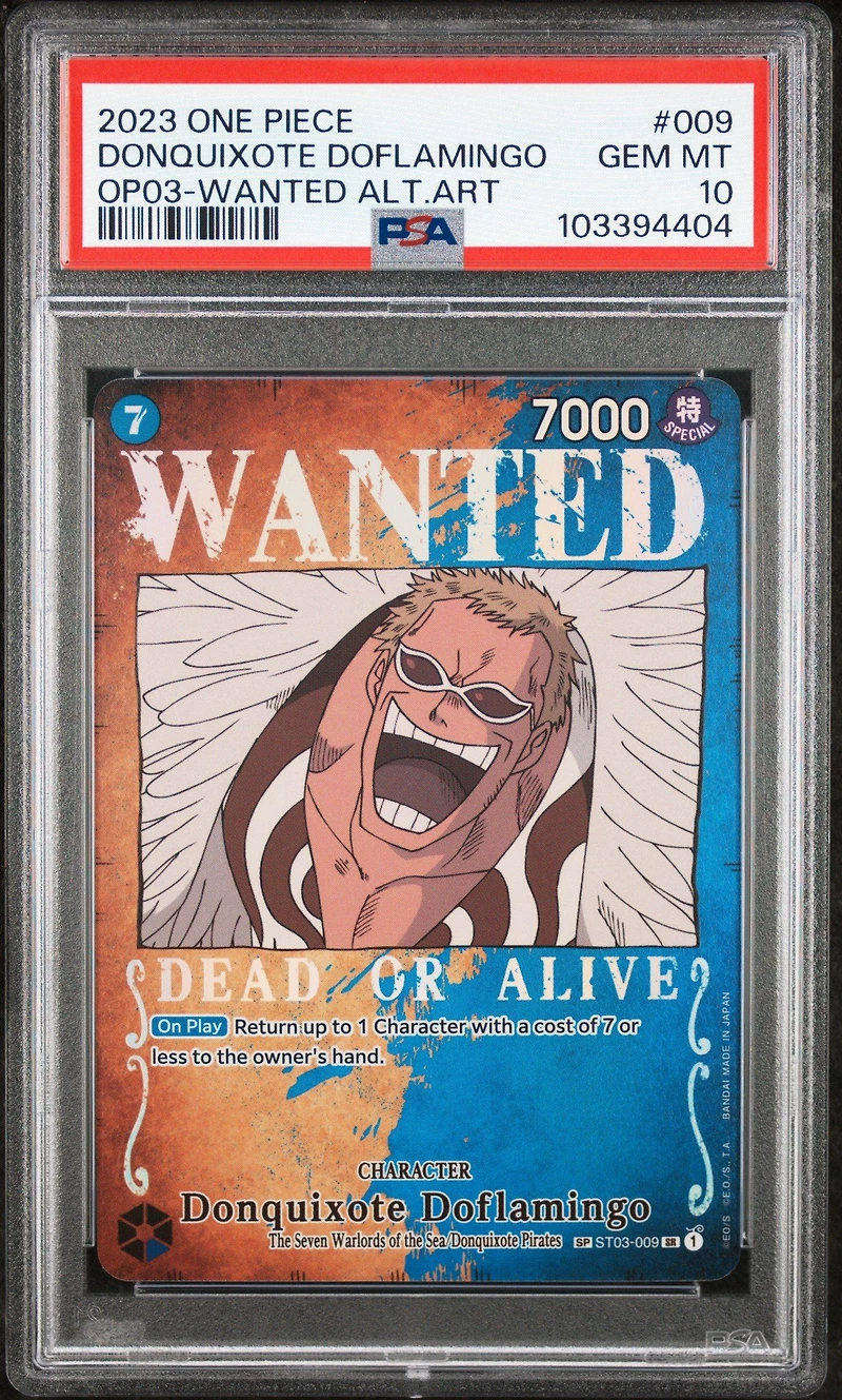 2023 One Piece Op03-pillars Of Strength 009 Donquixote Doflamingo Wanted Alternate Art PSA