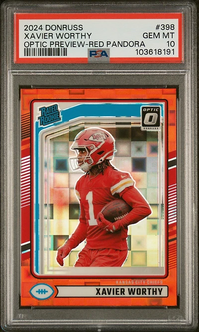 2024 Panini Donruss 398 Xavier Worthy Optic Preview-red Pandora PSA 10
