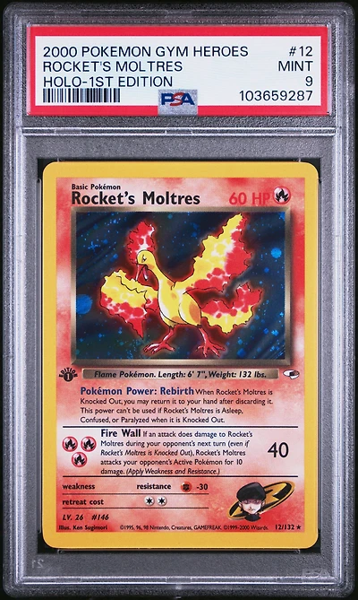 2000 Pokemon Gym Heroes 12 Rocket's Moltres Holo-1st Edition PSA