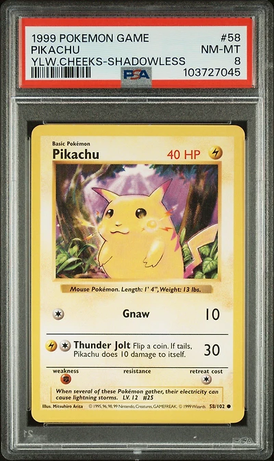 1999 Pokemon Game 58 Pikachu Yellow Cheeks-shadowless PSA