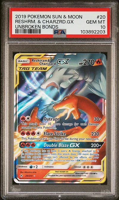 2019 Pokemon Sun & Moon Unbroken Bonds 20 Reshiram & Charizard Gx PSA