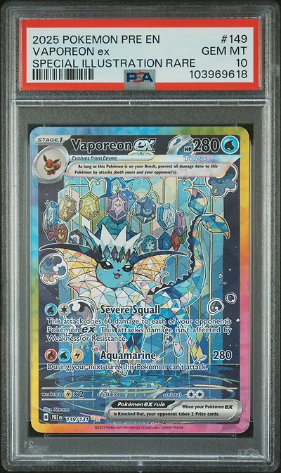 2025 Pokemon Pre En-prismatic Evolutions 149 Vaporeon Ex Special Illustration Rare PSA