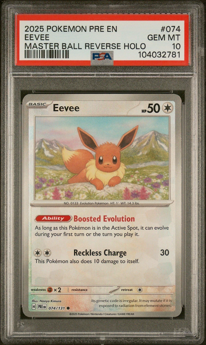 2025 Pokemon Pre En-prismatic Evolutions 074 Eevee Master Ball Reverse Holo PSA