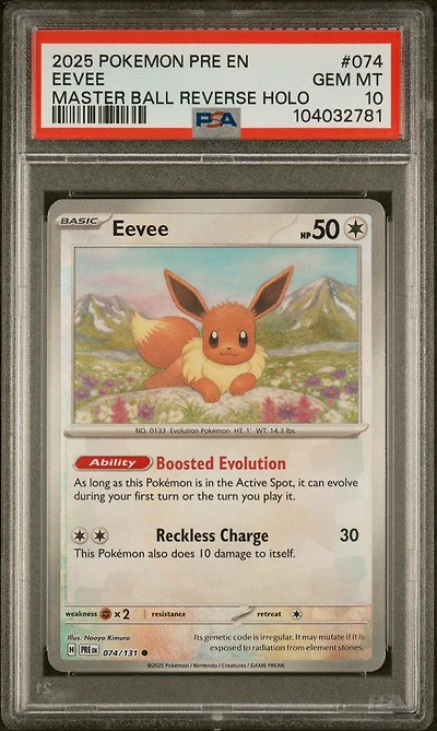 2025 Pokemon Pre En-prismatic Evolutions 074 Eevee Master Ball Reverse Holo PSA