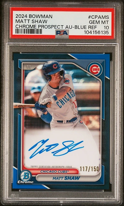 2024 Bowman Chrome Prospect Autographs Cpams Matt Shaw Blue Refractor PSA 10