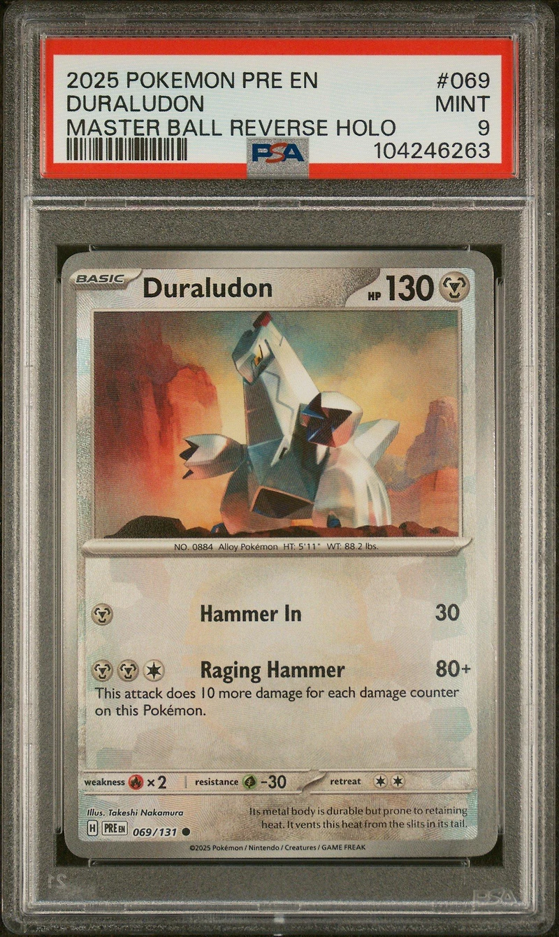 2025 Pokemon Pre En-prismatic Evolutions 069 Duraludon Master Ball Reverse Holo PSA