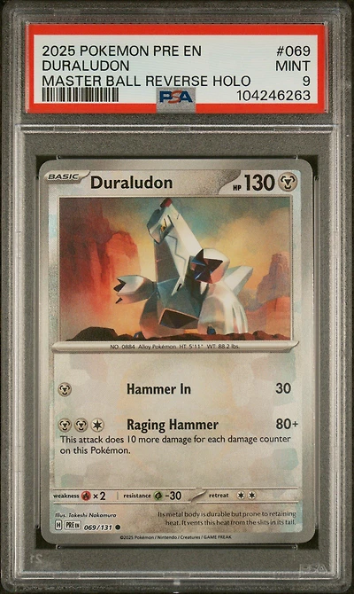 2025 Pokemon Pre En-prismatic Evolutions 069 Duraludon Master Ball Reverse Holo PSA