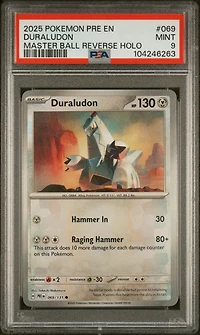 2025 Pokemon Pre En-prismatic Evolutions 069 Duraludon Master Ball Reverse Holo PSA