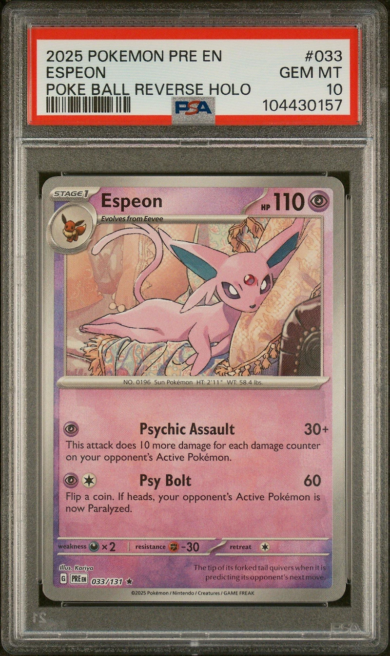 2025 Pokemon Pre En-prismatic Evolutions 033 Espeon Poke Ball Reverse Holo PSA