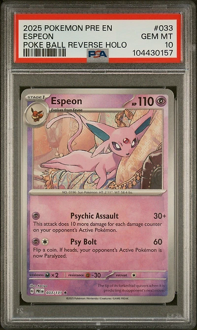 2025 Pokemon Pre En-prismatic Evolutions 033 Espeon Poke Ball Reverse Holo PSA