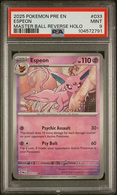2025 Pokemon Pre En-prismatic Evolutions 033 Espeon Master Ball Reverse Holo PSA