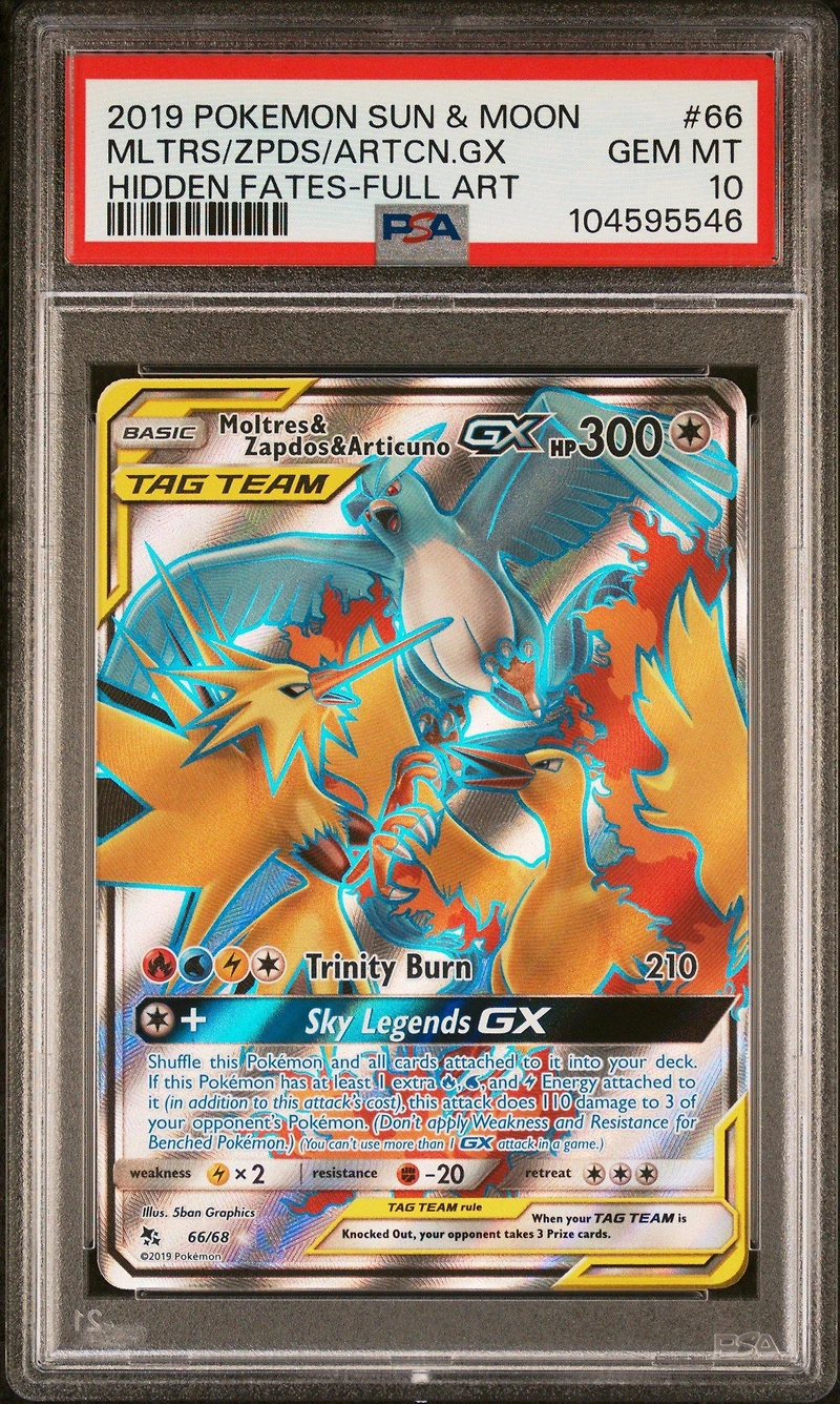 2019 Pokemon Sun & Moon Hidden Fates 66 Full Art/moltres & Zapdos & Articuno Gx PSA
