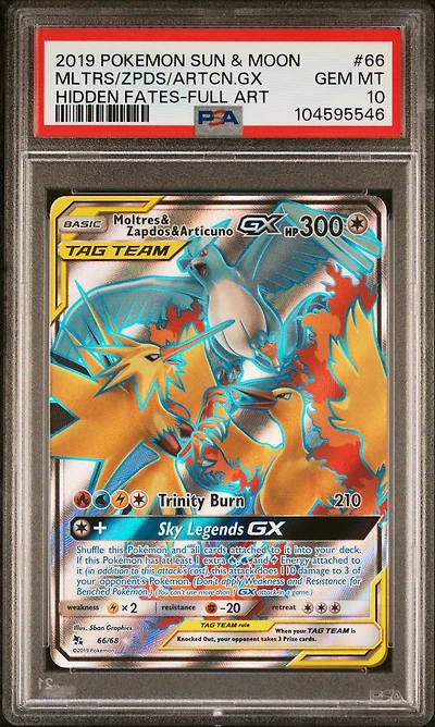 2019 Pokemon Sun & Moon Hidden Fates 66 Full Art/moltres & Zapdos & Articuno Gx PSA