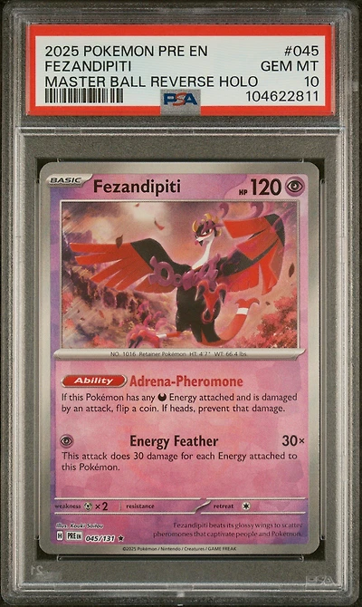 2025 Pokemon Pre En-prismatic Evolutions 045 Fezandipiti Master Ball Reverse Holo PSA