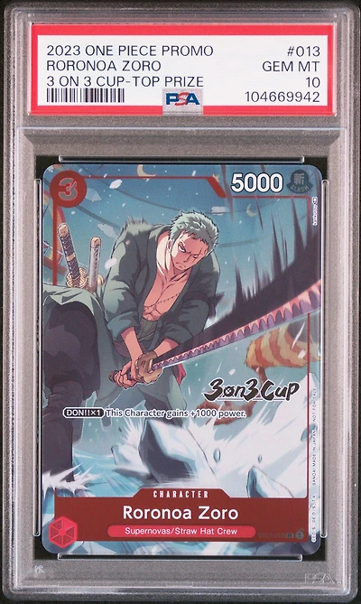 2023 One Piece Promos 013 Roronoa Zoro 3 On 3 Cup-top Prize PSA 10