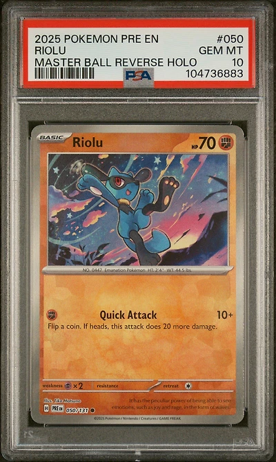 2025 Pokemon Pre En-prismatic Evolutions 050 Riolu Master Ball Reverse Holo PSA