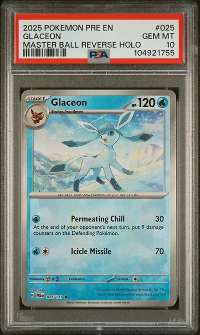 2025 Pokemon Pre En-prismatic Evolutions 025 Glaceon Master Ball Reverse Holo PSA
