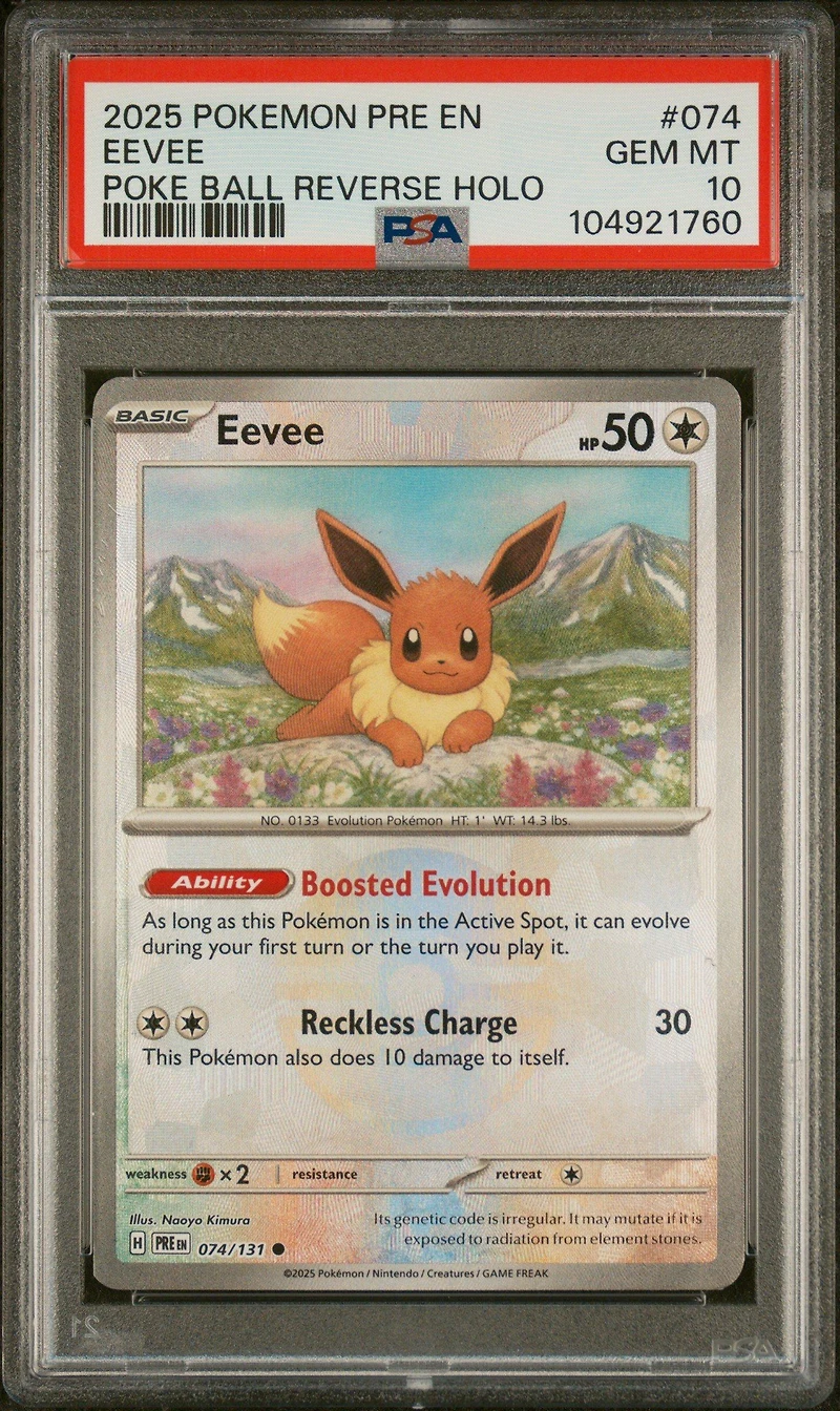 2025 Pokemon Pre En-prismatic Evolutions 074 Eevee Poke Ball Reverse Holo PSA