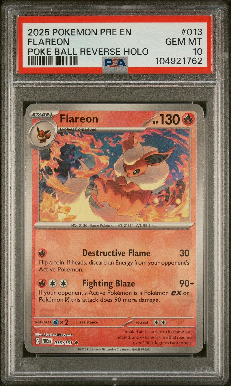 2025 Pokemon Pre En-prismatic Evolutions 013 Flareon Poke Ball Reverse Holo PSA