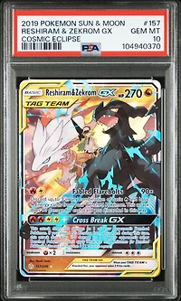 2019 Pokemon Sun & Moon Cosmic Eclipse 157 Reshiram & Zekrom Gx PSA
