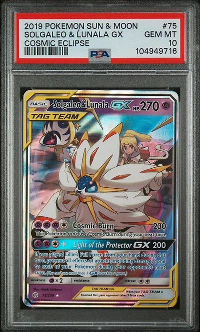 2019 Pokemon Sun & Moon Cosmic Eclipse 75 Solgaleo & Lunala Gx PSA