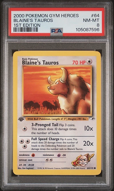 2000 Pokemon Gym Heroes 64 Blaine's Tauros 1st Edition PSA