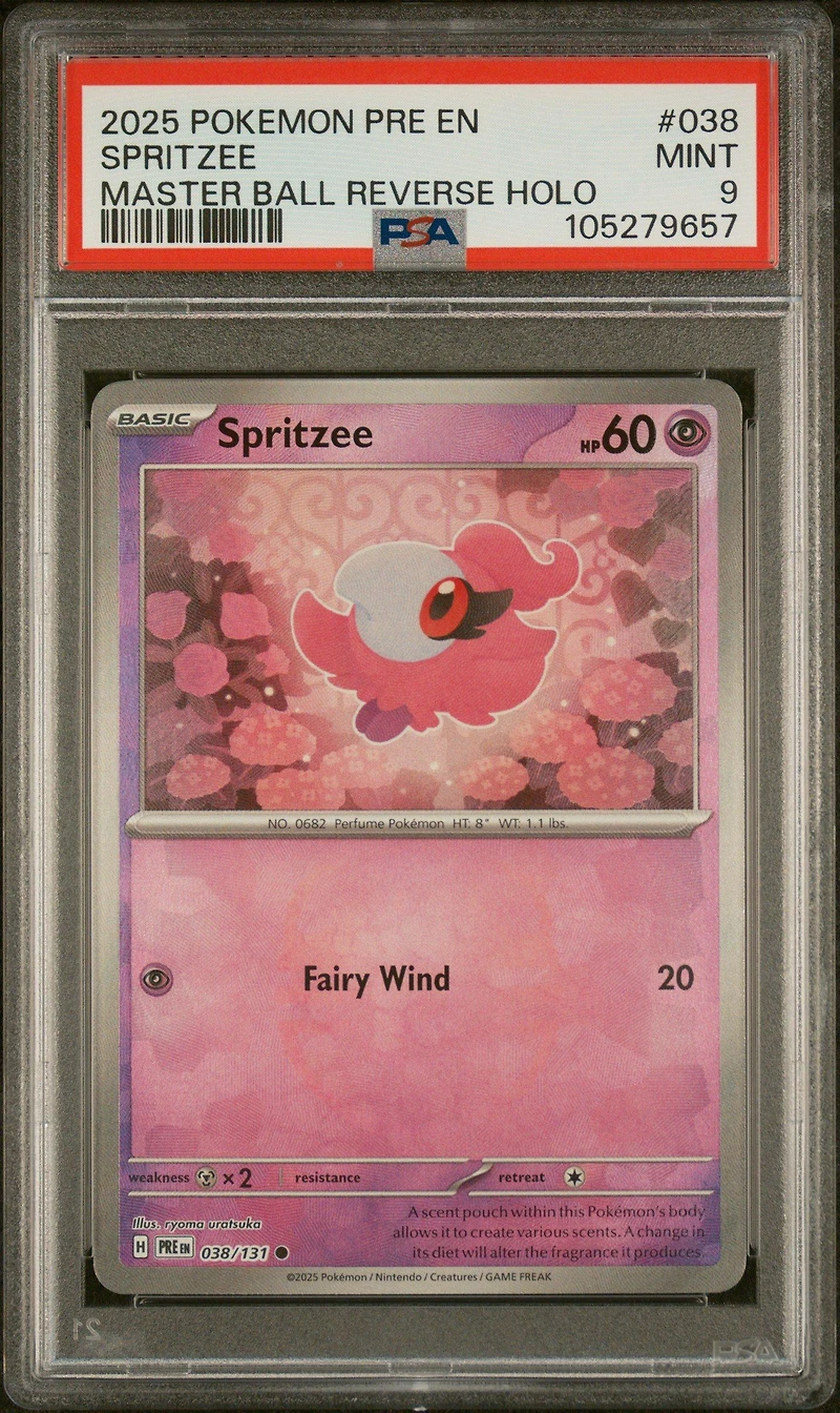 2025 Pokemon Pre En-prismatic Evolutions 038 Spritzee Master Ball Reverse Holo PSA