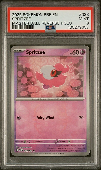 2025 Pokemon Pre En-prismatic Evolutions 038 Spritzee Master Ball Reverse Holo PSA