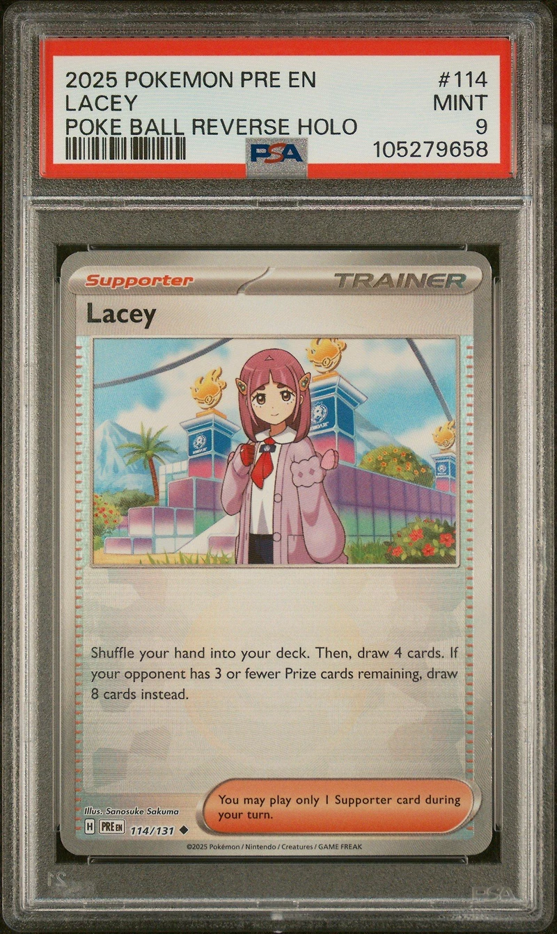 2025 Pokemon Pre En-prismatic Evolutions 114 Lacey Poke Ball Reverse Holo PSA 9